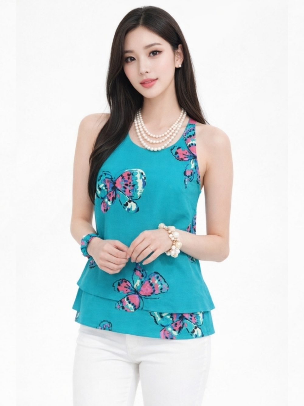 Lilly Pulitzer Maris Royce Butterfly Print Top Blue Tiered M